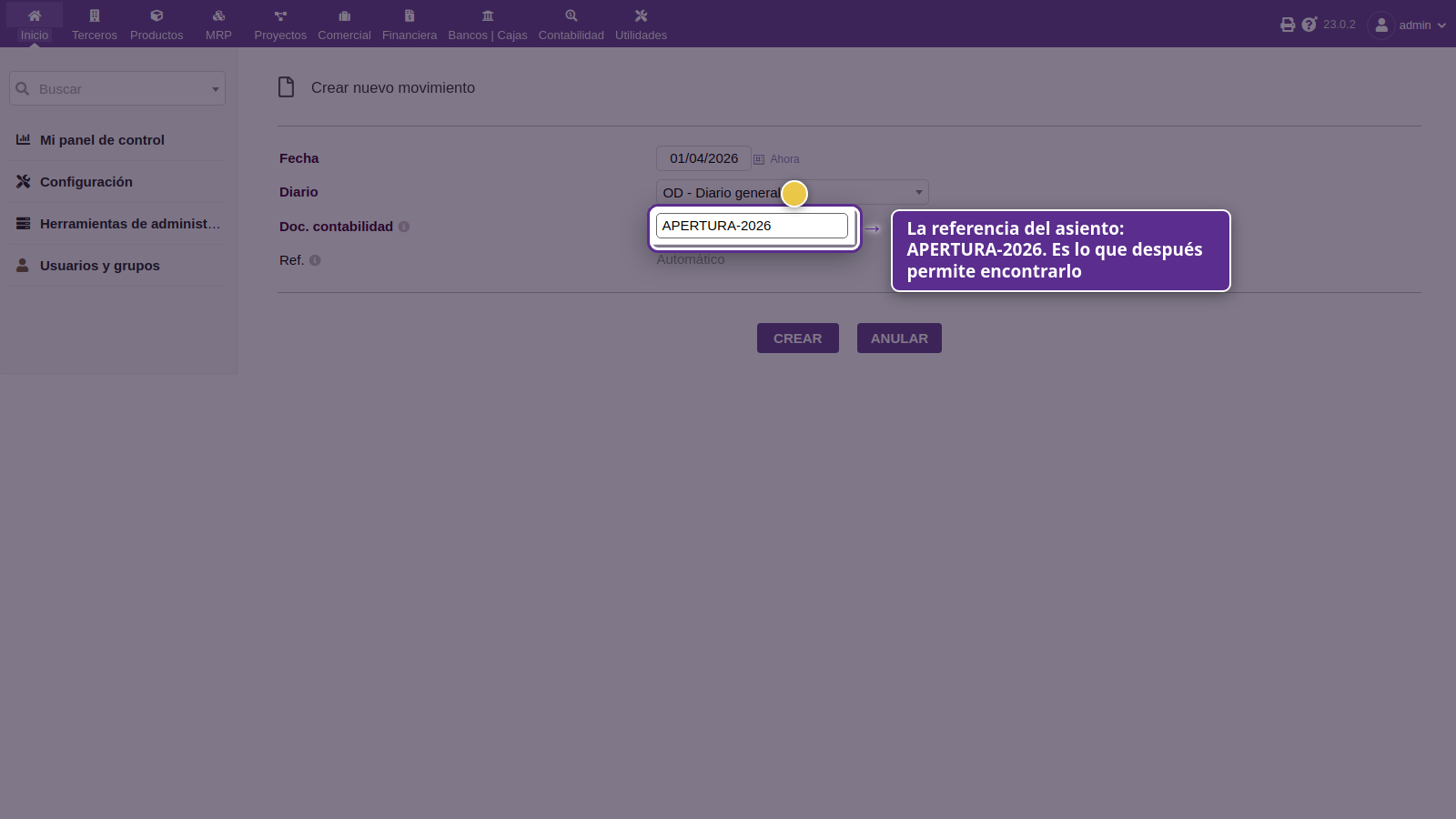 Formulario de asiento nuevo con fecha 01/04/2026, diario OD y referencia APERTURA-2026