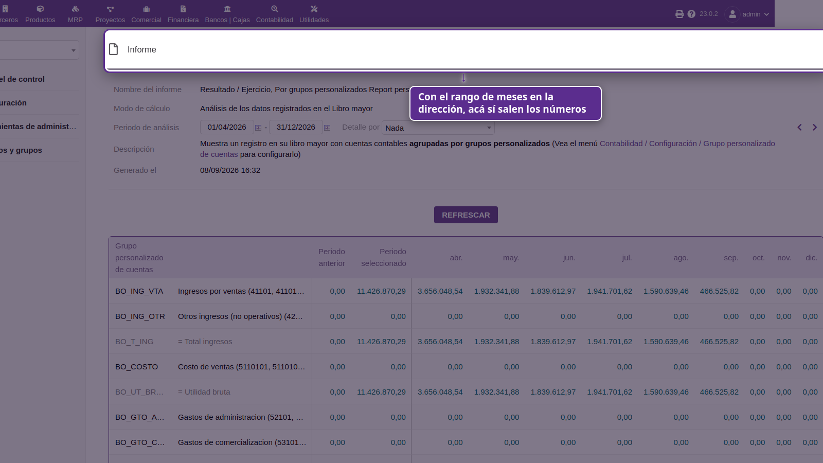 Reporte de resultado agrupado