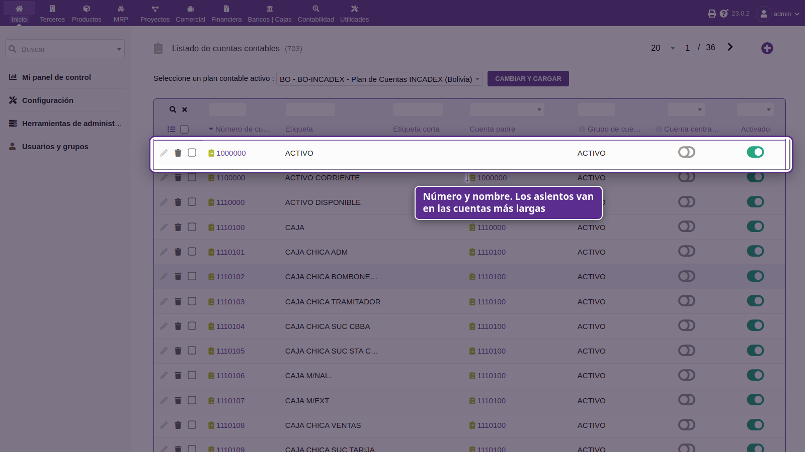 Plan de cuentas de INCADEX